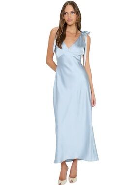 Show Me Your Mumu Emma Midi Dress Womens Medium Steel Blue Luxe Satin Lined